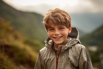 Medium shot portrait photography of a satisfied mature boy wearing a lightweight windbreaker against a scenic mountain trail background. With generative AI technology