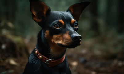 closeup photo of Miniature Pinscher on blurry forest background. Generative AI