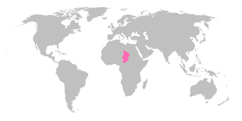 Vector map of the world with the country of Chad highlighted in Pink on grey white background.