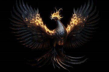 Obraz premium Abstract Art of Phoenix with Fire Blazing Wings on Black Background Generative AI 
