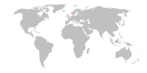 Vector map of the world with the country of Denmark highlighted in Pink on grey white background.