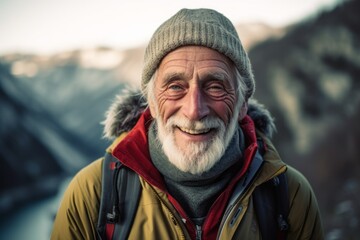 Naklejka na ściany i meble Close-up portrait photography of a grinning old man wearing a cozy winter coat against a scenic mountain trail background. With generative AI technology