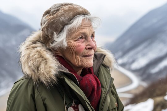 Environmental portrait photography of a glad old woman wearing a cozy winter coat against a scenic mountain trail background. With generative AI technology