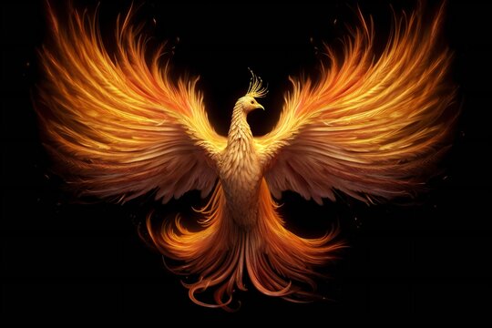 Abstract Art of Phoenix with Fire Blazing Wings on Black Background Generative AI 