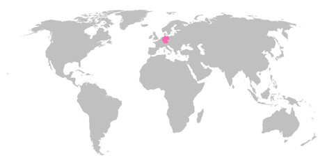 Vector map of the world with the country of Germany highlighted in Pink on grey white background.