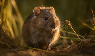 photo of meadow vole in tall grass at sunset. Generative AI
