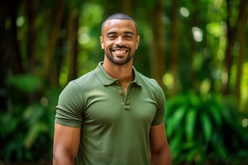 Medium shot portrait photography of a satisfied boy in his 30s wearing a sporty polo shirt against a lush tropical jungle background. With generative AI technology