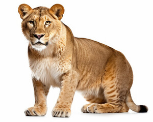 photo of liger (hybrid of lion and tiger)  isolated on white background. Generative AI
