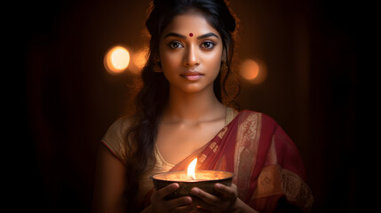 Obraz na płótnie Canvas Fictional Indian girl, holding diwali candle, gold and red sari dress, Hindu festival of light, Generative AI