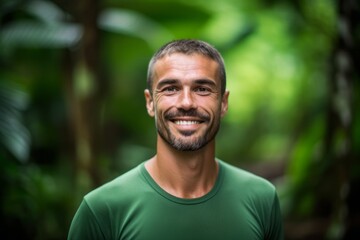 Naklejka na ściany i meble Medium shot portrait photography of a satisfied boy in his 30s wearing a sporty polo shirt against a lush tropical jungle background. With generative AI technology