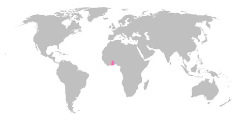 Vector map of the world with the country of Ghana highlighted in Pink on grey white background.