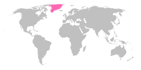 Vector map of the world with the country of Greenland highlighted in Pink on grey white background.