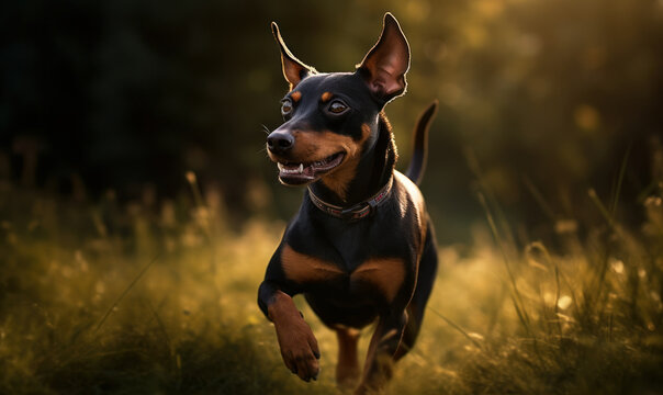 Photo of Miniature Pinscher, captured in motion as it energetically chases after a ball in a grassy park. The image showcases the breed's playful and athletic nature. Generative AI
