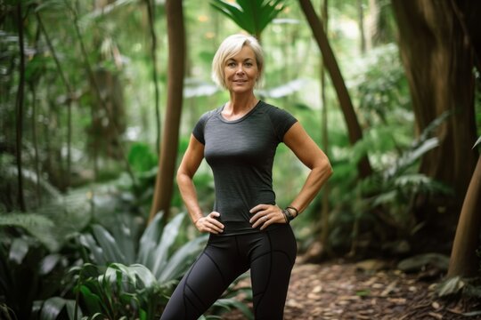 Medium shot portrait photography of a glad mature woman wearing a pair of leggings or tights against a lush tropical jungle background. With generative AI technology