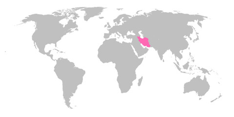 Vector map of the world with the country of Iran highlighted in Pink on grey white background.
