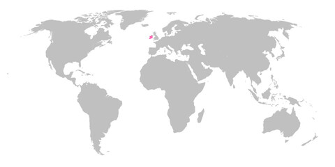 Fototapeta na wymiar Vector map of the world with the country of Ireland highlighted in Pink on grey white background.