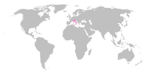 Vector map of the world with the country of Italy highlighted in Pink on grey white background.