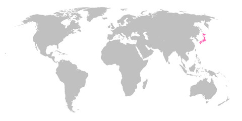 Vector map of the world with the country of Japan highlighted in Pink on grey white background.