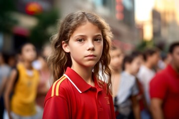 Photography in the style of pensive portraiture of a satisfied kid female wearing a sporty polo shirt against a festive parade background. With generative AI technology