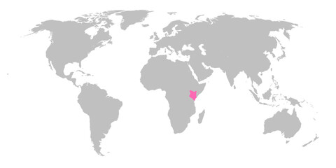 Fototapeta na wymiar Vector map of the world with the country of Kenya highlighted in Pink on grey white background.