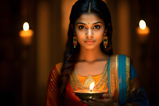 Beautiful fictional indian girl, holding diwali candle, Hindu festival of light, blue, gold and red traditional sari dress, Generative AI