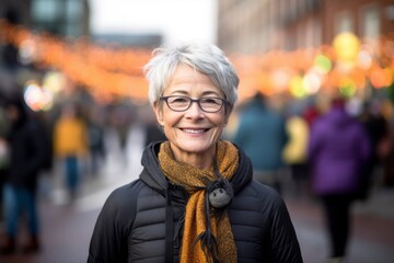 Fototapeta premium Headshot portrait photography of a satisfied mature woman wearing flexible yoga pants against a festive parade background. With generative AI technology