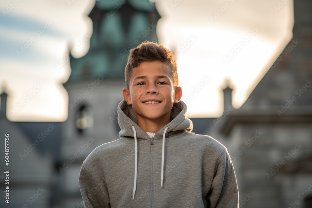 Wall mural Lifestyle portrait photography of a glad kid male wearing a comfortable hoodie against a historic church background. With generative AI technology