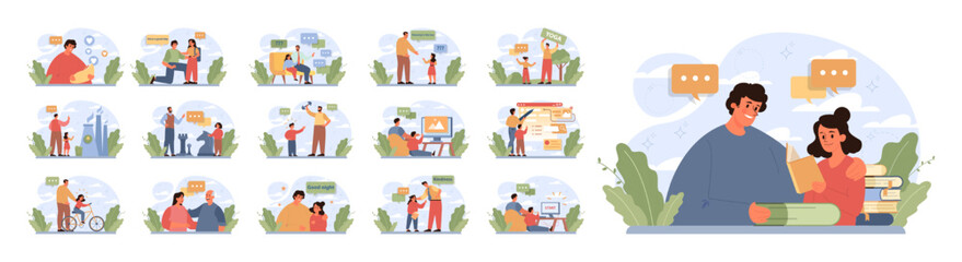 Fatherhood set. Dad and child spending time together. Childhood