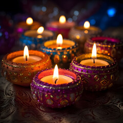 Obraz na płótnie Canvas Close up image of vibrant decorated diwali candles, Hindu festival of lights celebration, Generative AI