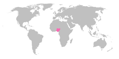 Vector map of the world with the country of Nigeria highlighted in Pink on grey white background.