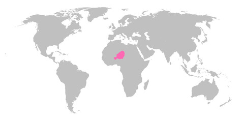 Vector map of the world with the country of Niger highlighted in Pink on grey white background.