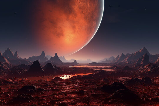 Red planet surface in outer space and another planet on the horizon. AI generated image
