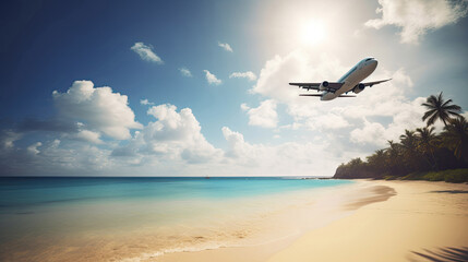 Fototapeta na wymiar Commercial airplane flying above and travel to exotic destination
