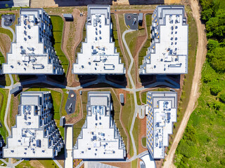 Aerial view landscape, Poland Cracow. Estate with blocks of flats seen from a drone. Modern apartments.