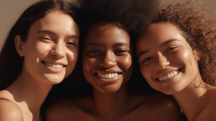 Three multicultural young women smile happily in a light studio portrait, radiating body positivity. Generative AI