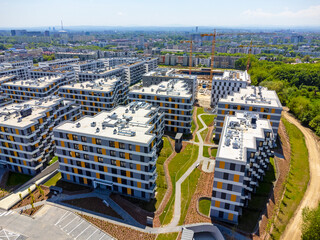 Aerial view landscape, a modern estate with nice blocks of flats taken from a drone. Poland Cracow. 
