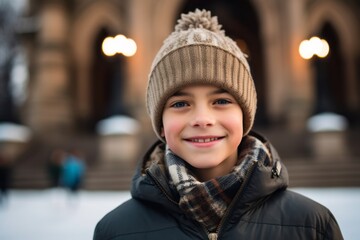 Medium shot portrait photography of a grinning boy in his 30s wearing a warm beanie or knit hat against a historic church background. With generative AI technology