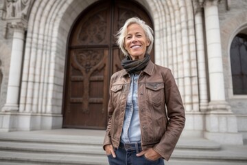 Fototapeta na wymiar Environmental portrait photography of a satisfied mature woman wearing comfortable jeans against a historic church background. With generative AI technology