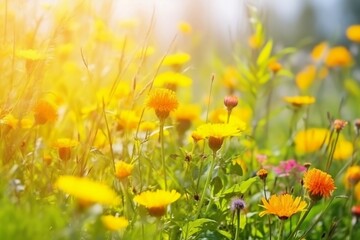 yellow flowers in the grass. 