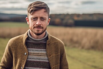 Lifestyle portrait photography of a tender boy in his 30s wearing a cozy sweater against a picturesque countryside background. With generative AI technology