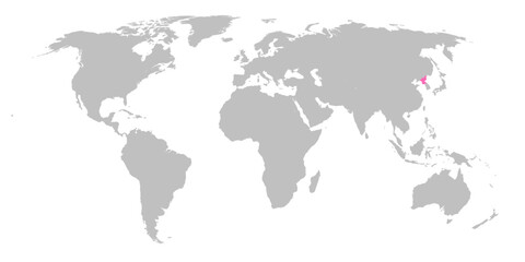Obraz na płótnie Canvas Vector map of the world with the country of North Korea highlighted in Pink on grey white background.