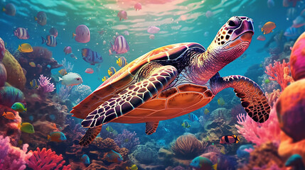 Fototapeta na wymiar turtle with group of colorful fish and sea animals with colorful coral underwater in ocean, Generative A