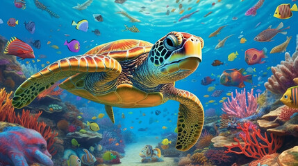Obraz na płótnie Canvas turtle with group of colorful fish and sea animals with colorful coral underwater in ocean, Generative A