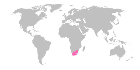 Vector map of the world with the country of South Africa highlighted in Pink on grey white background.