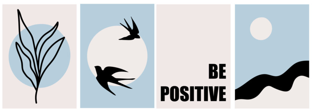 collection of modern simple abstraction posters in boho style with sun, birds, minimalist landscape and plant silhouette on color background with test be positive