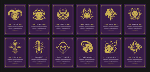 Zodiac symbols astrology horoscope vintage card design with description set vector illustration