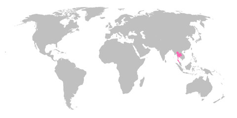 Vector map of the world with the country of Thailand highlighted in Pink on grey white background.