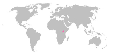 Vector map of the world with the country of Uganda highlighted in Pink on grey white background.