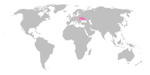 Fototapeta na wymiar Vector map of the world with the country of Ukraine highlighted in Pink on grey white background.