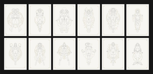 Horoscope antique female zodiac symbol goddess line art deco poster design set vector - obrazy, fototapety, plakaty